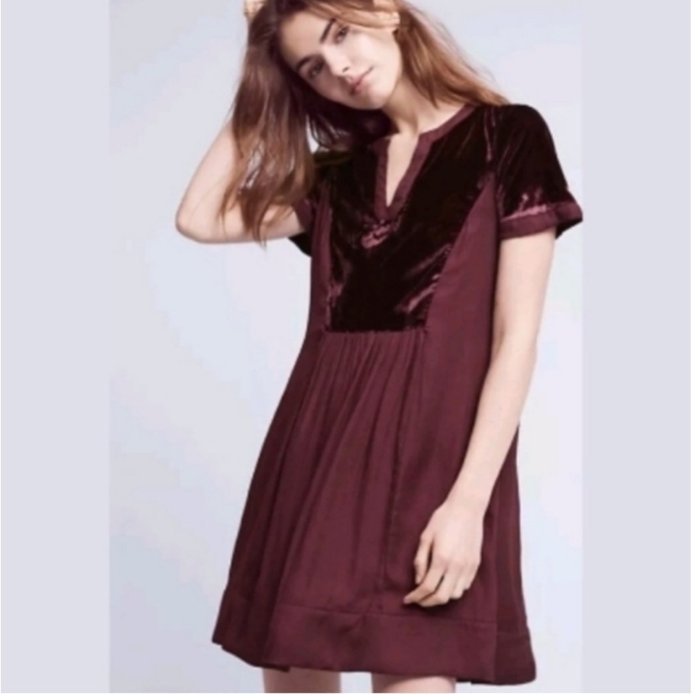 Anthropologie Maeve Ingrid Plum Burgundy Short Sleeve Velvet Tunic Dress Size XS